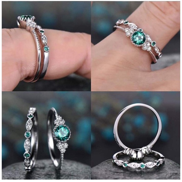 NEW!Dainty 18K Gold & Sapphire Milligrain Ring Set - Picture 2 of 4